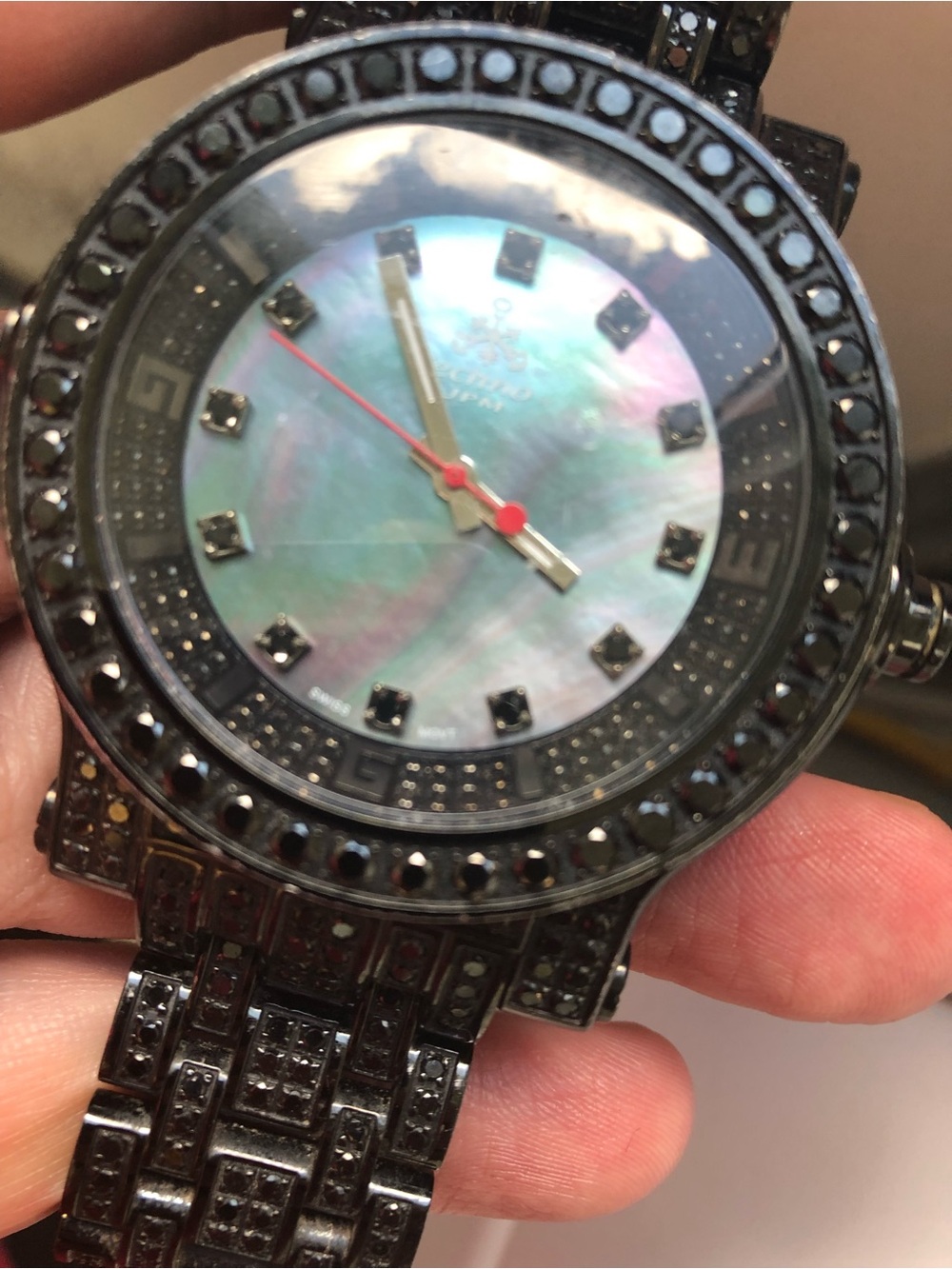 Techno Com by KC Black Watch with Mother-of-Pearl Dial and Red Second Hand